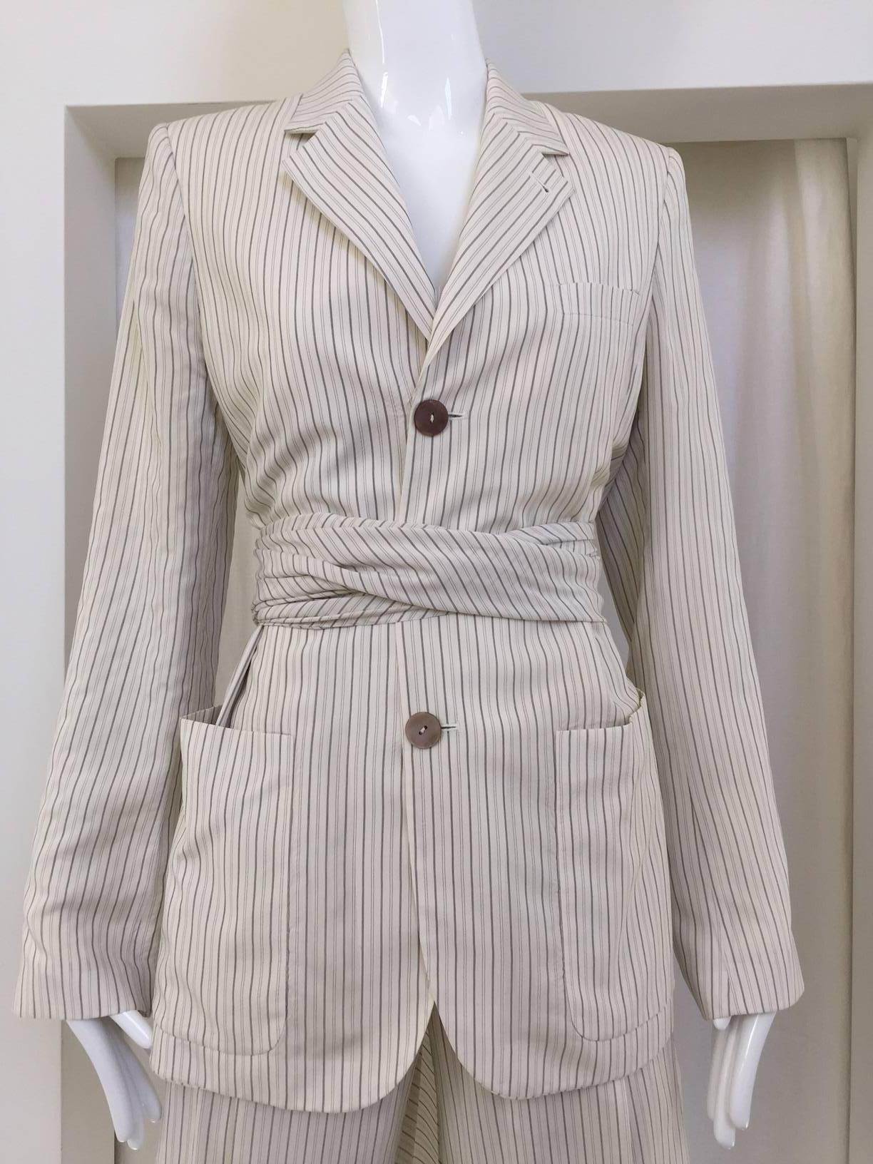 1980s Jean Paul Gaultier creme pin stripe silk blazer and pants set In Good Condition In Beverly Hills, CA