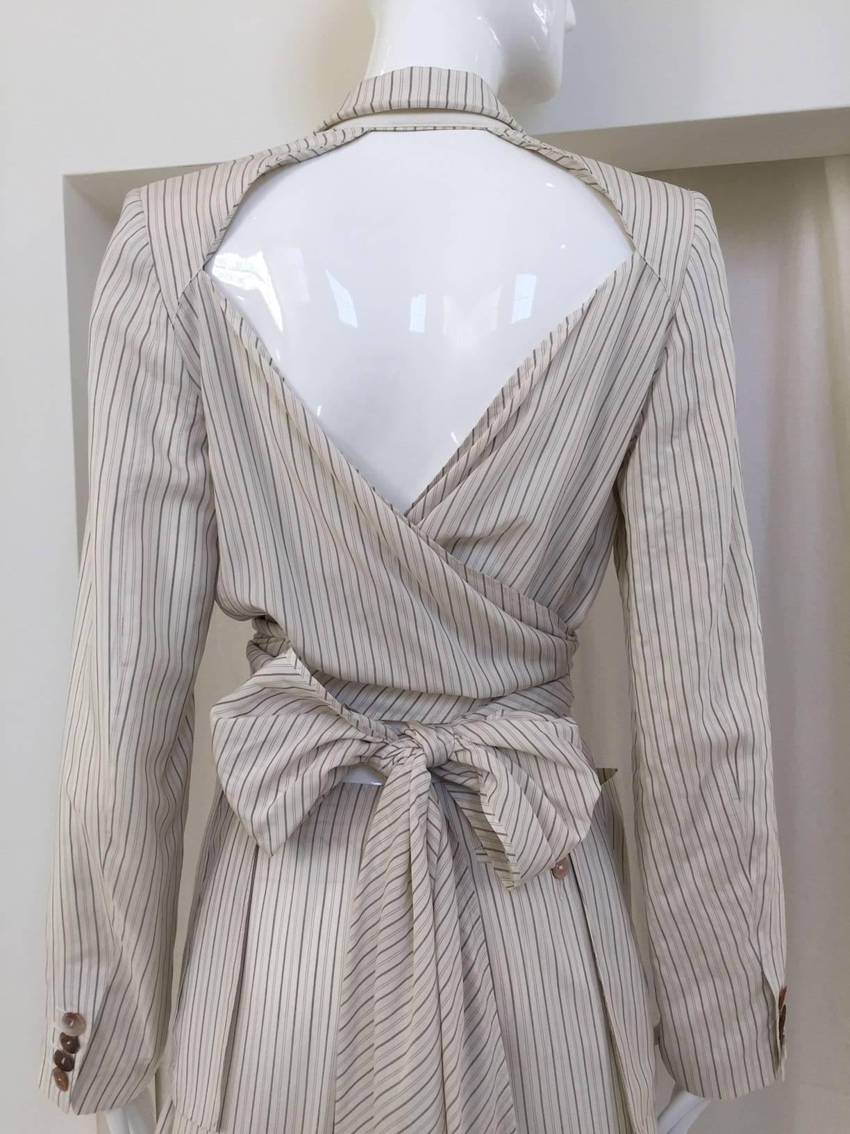 Women's 1980s Jean Paul Gaultier creme pin stripe silk blazer and pants set