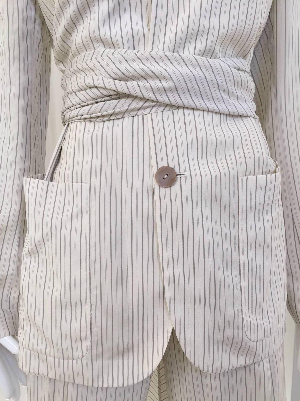 1980s Jean Paul Gaultier creme pin stripe silk blazer and pants set 2