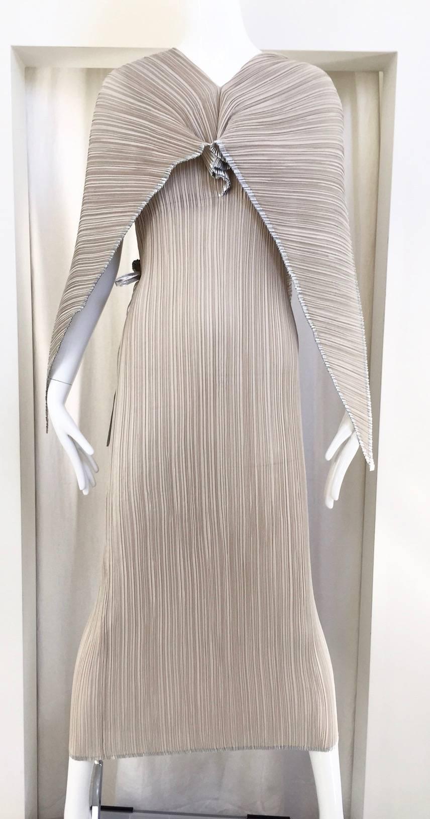 Incredible Issey Miyake light mocha and silver pleat dress. In Excellent Condition In Beverly Hills, CA