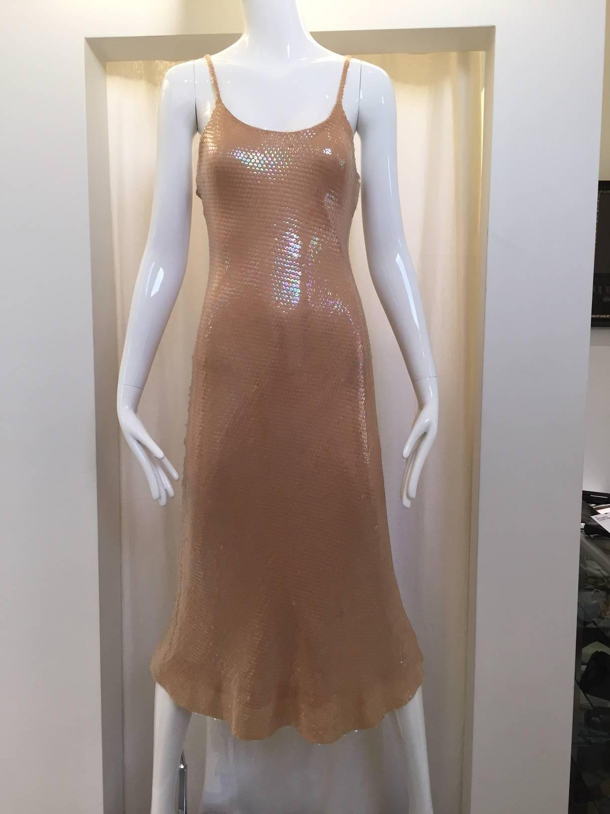 1970s HALSTON blush or pale pink sequin slip dress. 
Size: 2
B: 32
W:27
H:34