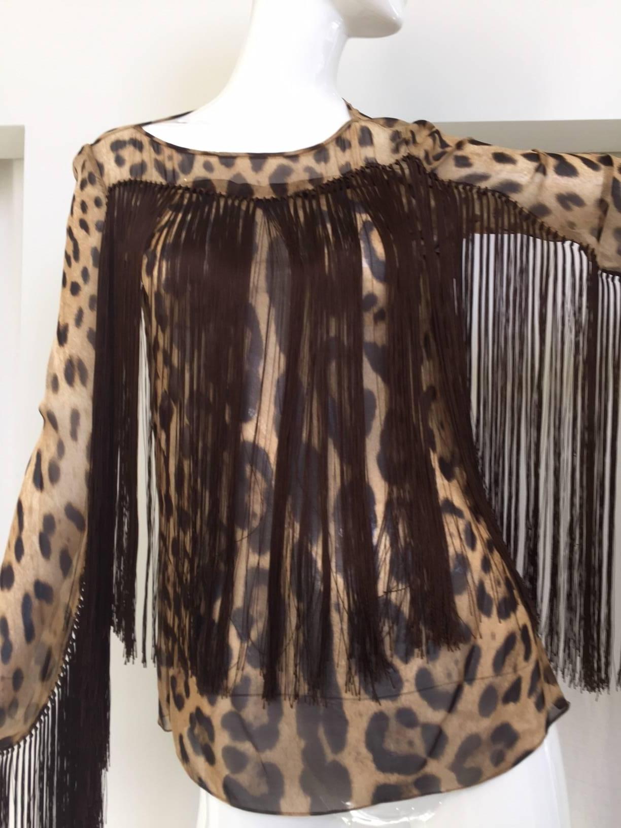 DOLCE & GABBANA  leopard print silk fringe blouse.
Size: 38
Bust: 34