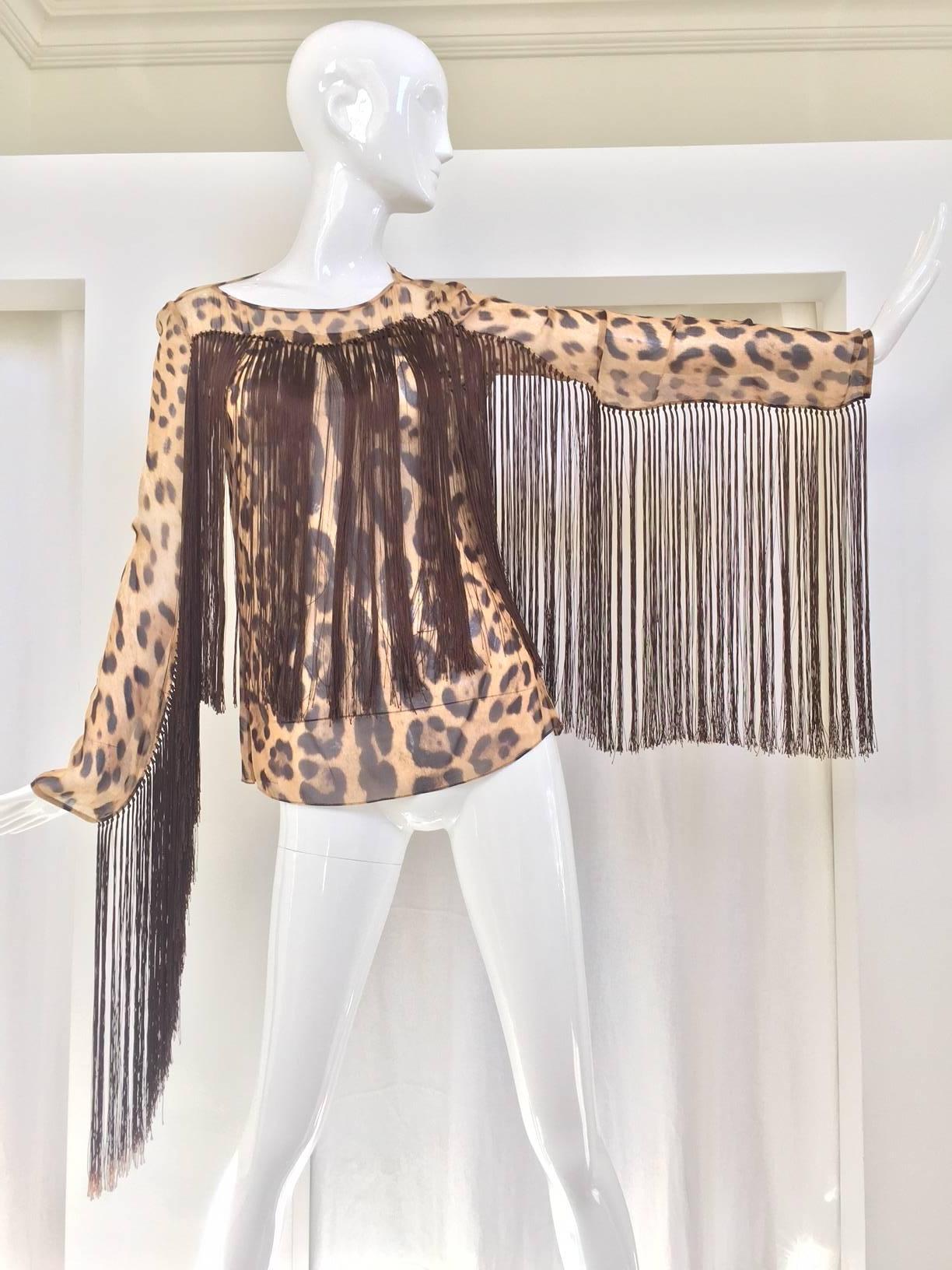 Black Dolce & Gabbana leopard print silk fringe blouse