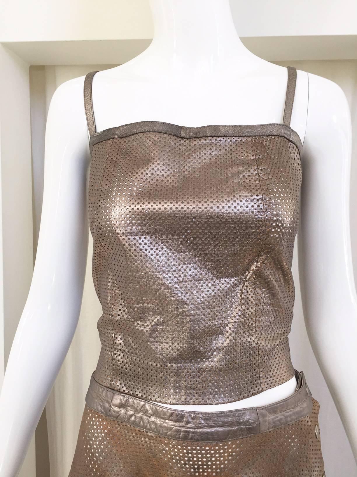 Women's 1980s Ted Lapidus perforated leather top and skirt set For Sale