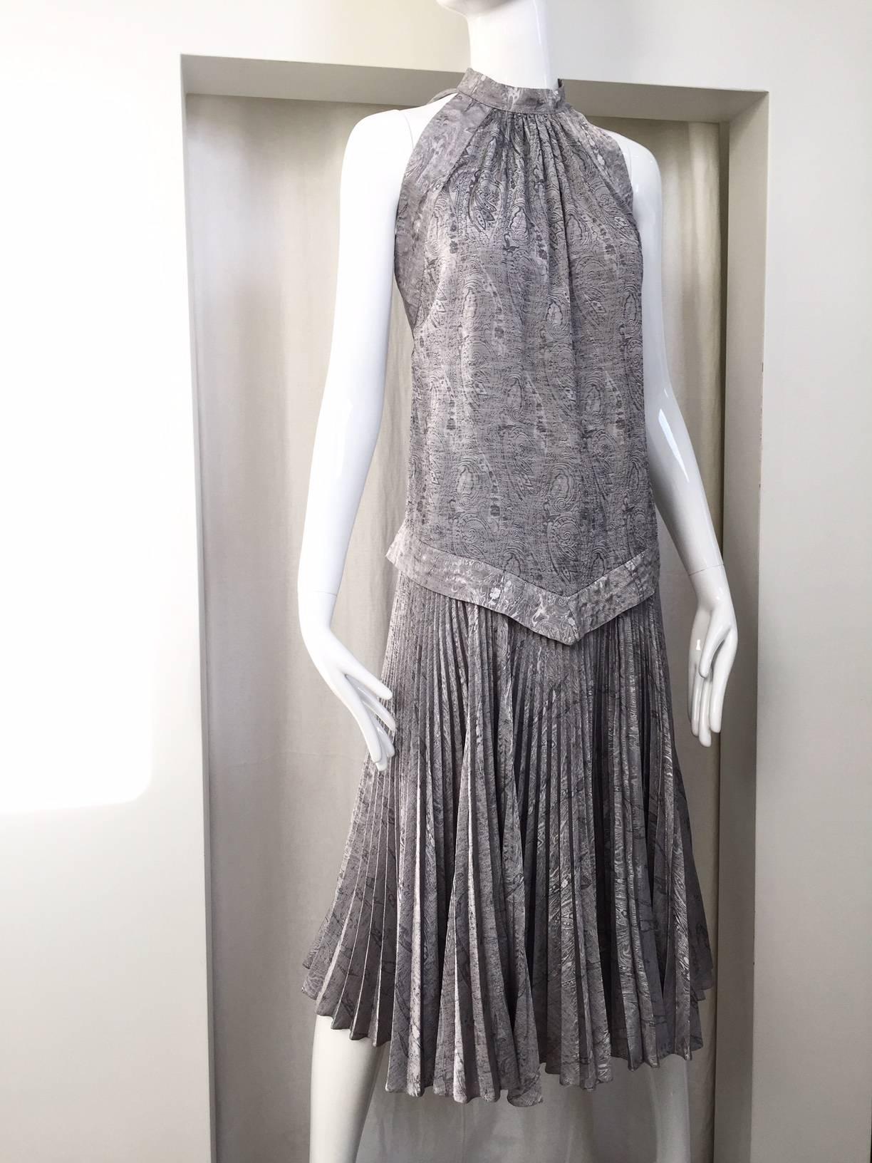 Gray Vintage Ted Lapidus grey silk plissè halter dress For Sale