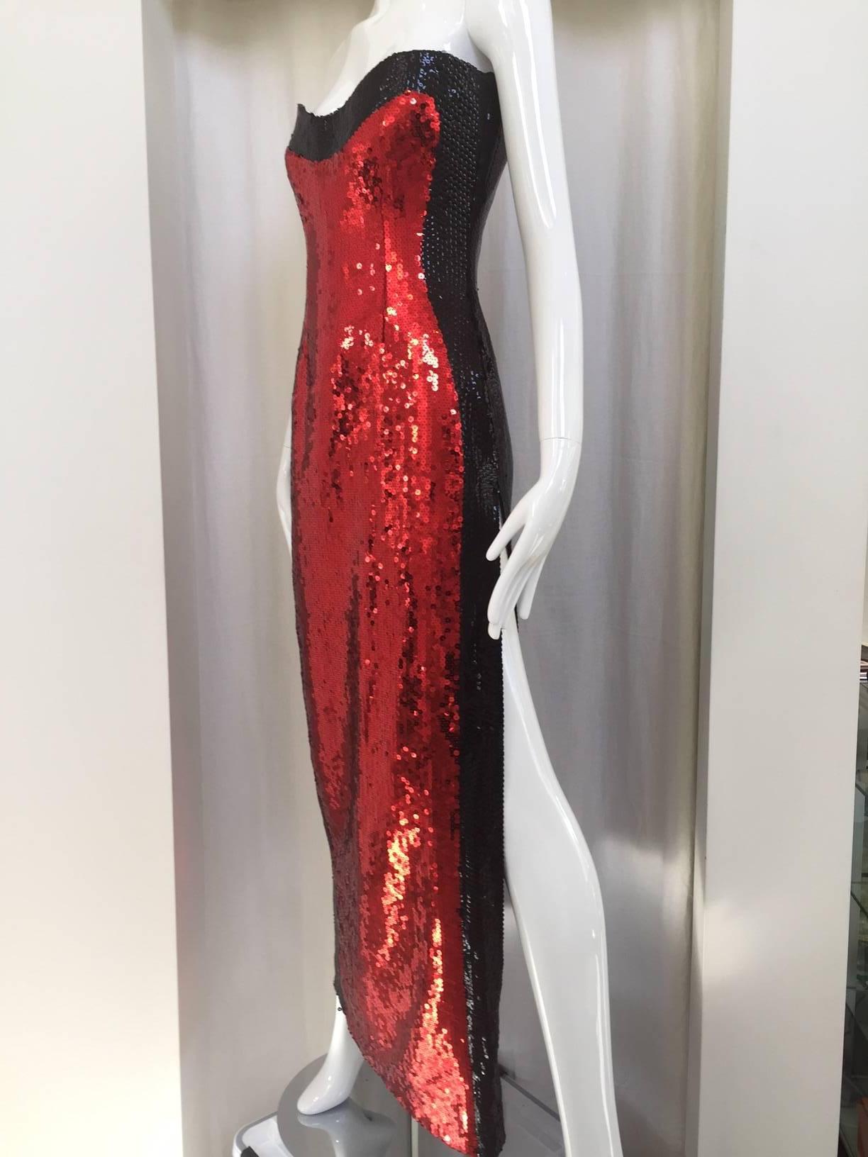 Fun Bill blass red and black sequin strapless gown.
Gown has high slit on the side 33