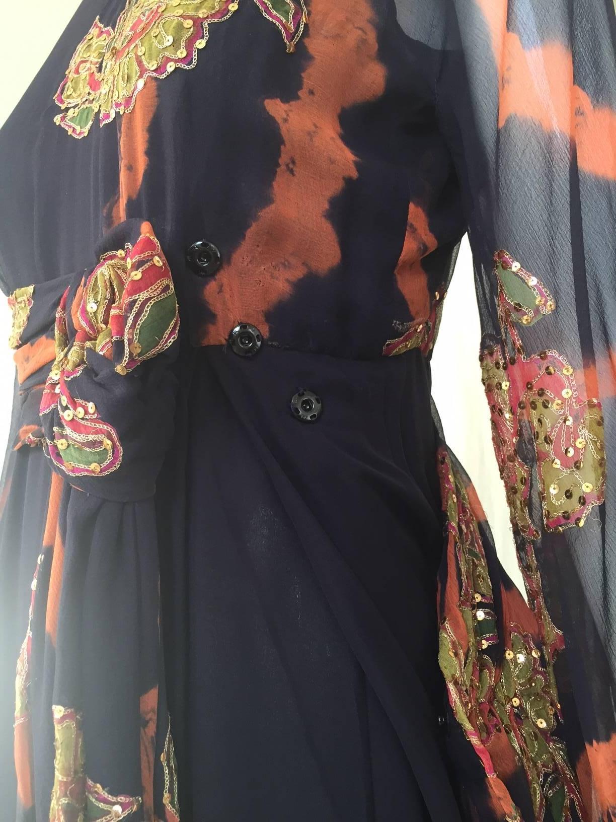 1970s CARDINALI Black and Orange Tie dye Silk Chiffon Maxi Dress 3