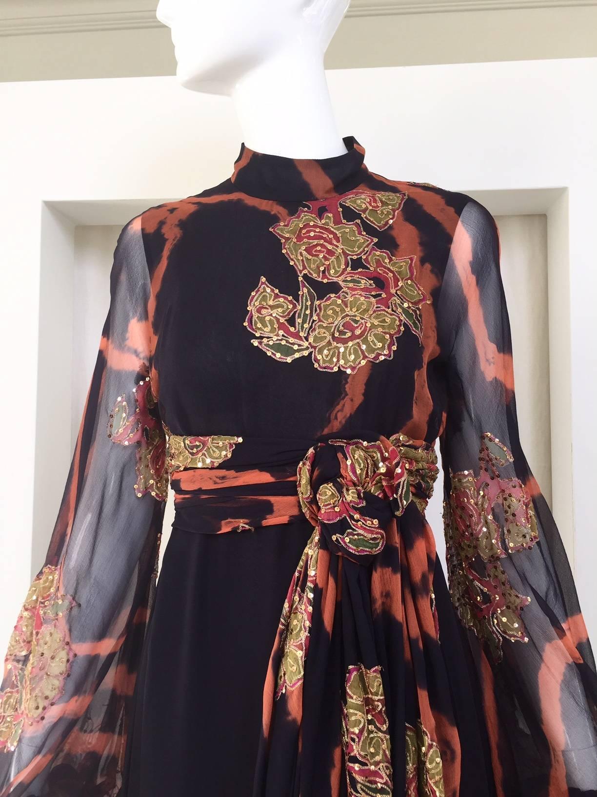 Women's 1970s CARDINALI Black and Orange Tie dye Silk Chiffon Maxi Dress
