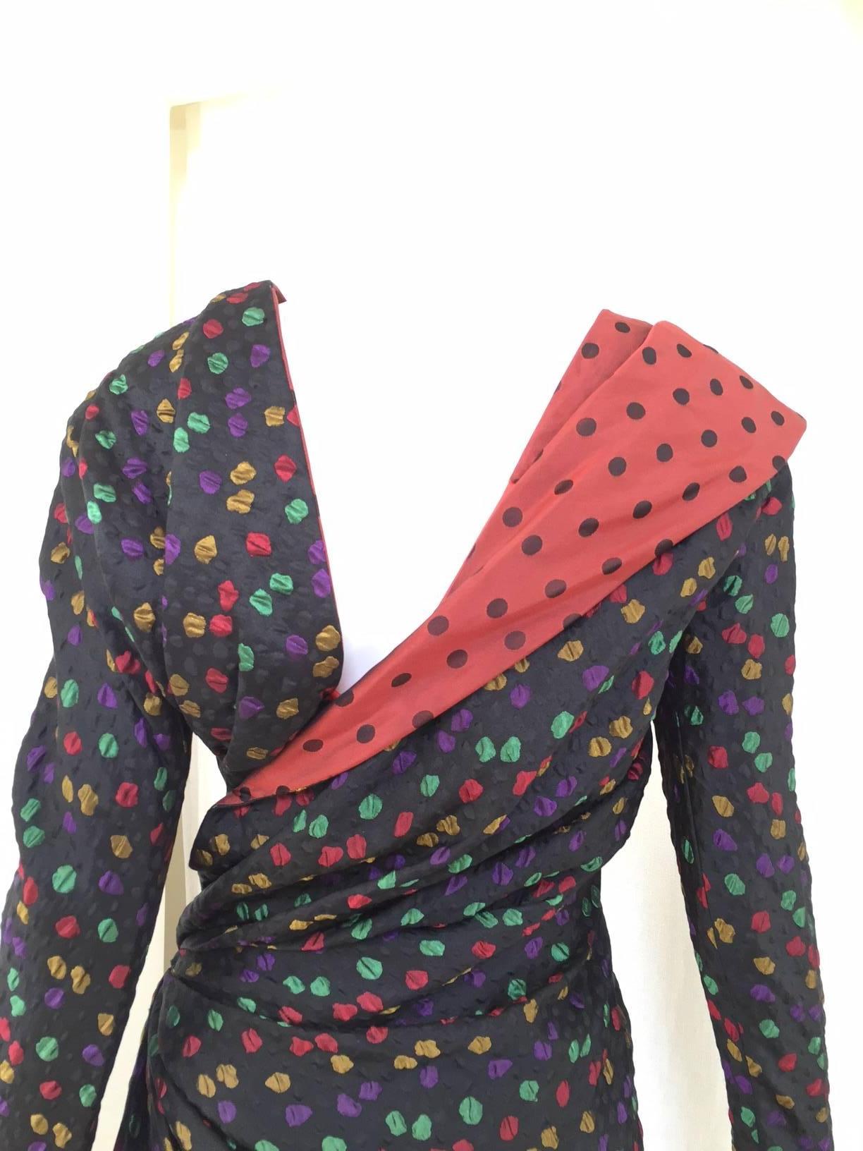 1980s GIVENCHY Haute Couture Black Silk with Multi Color Dots For Sale 1