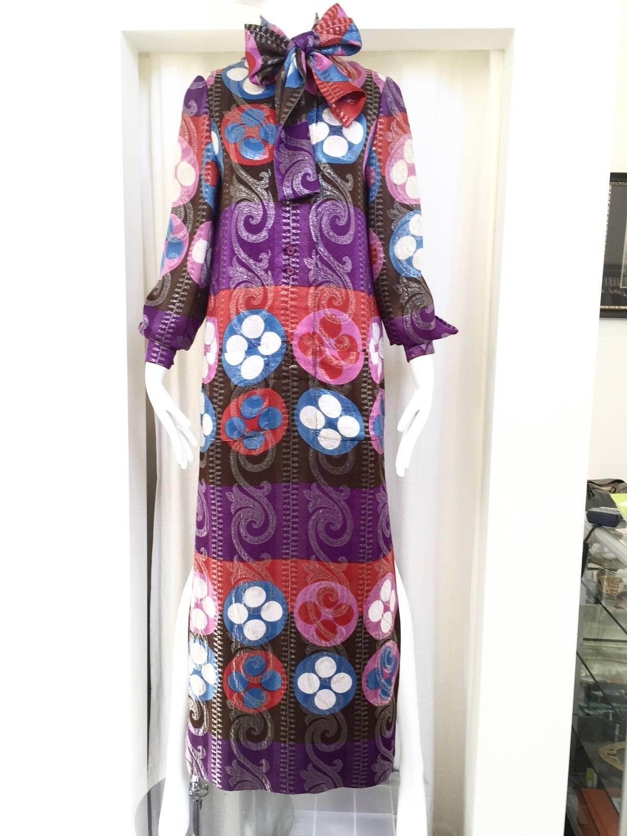 Lanvin silk dress with attached scarf in geometric print, 1970s  In Good Condition In Beverly Hills, CA
