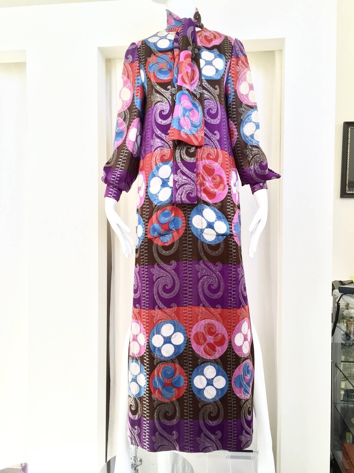 Purple Lanvin silk dress with attached scarf in geometric print, 1970s 
