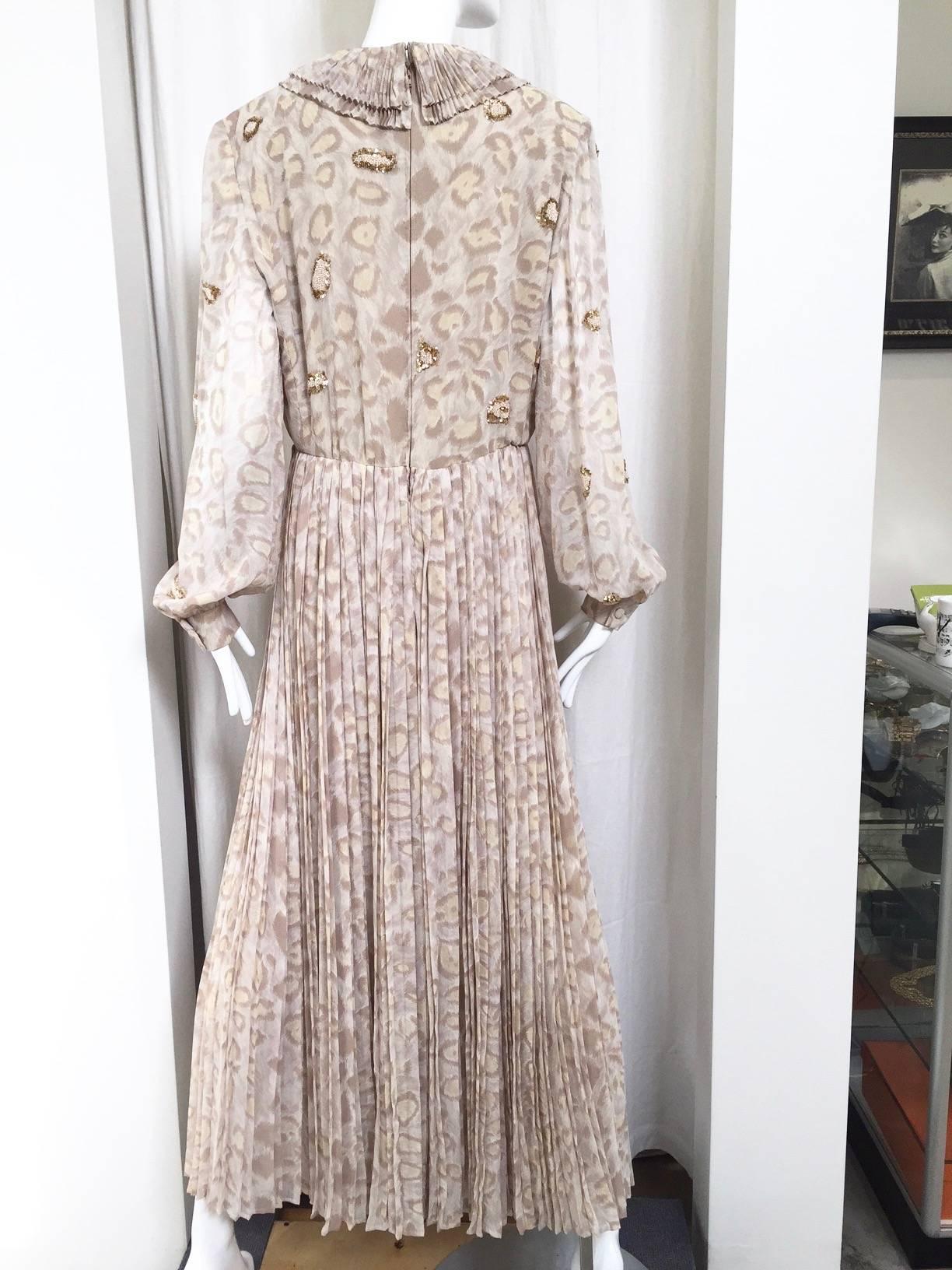 1970s Andrè Laug Taupe and Brown Silk Print Maxi Dress For Sale at 1stDibs