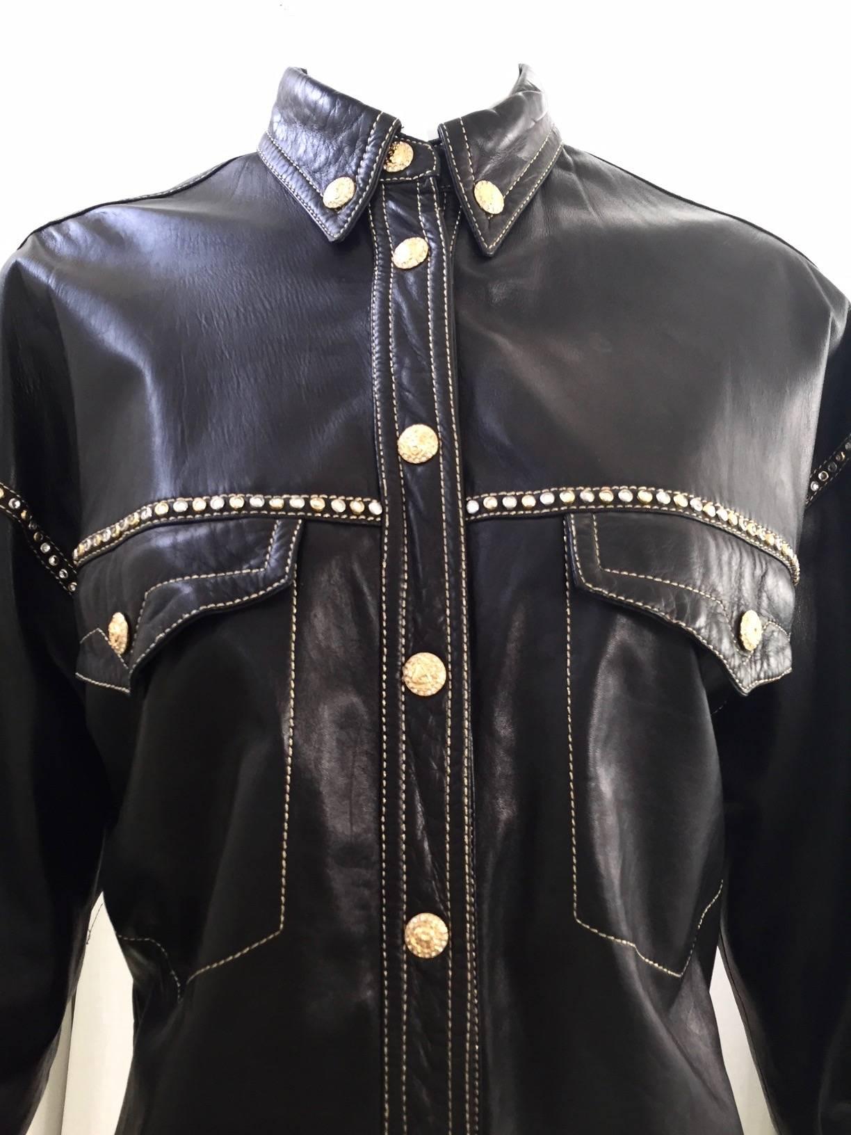 90s Gianni Versace soft black leather western shirt.
Bust: 36
Waist: 30