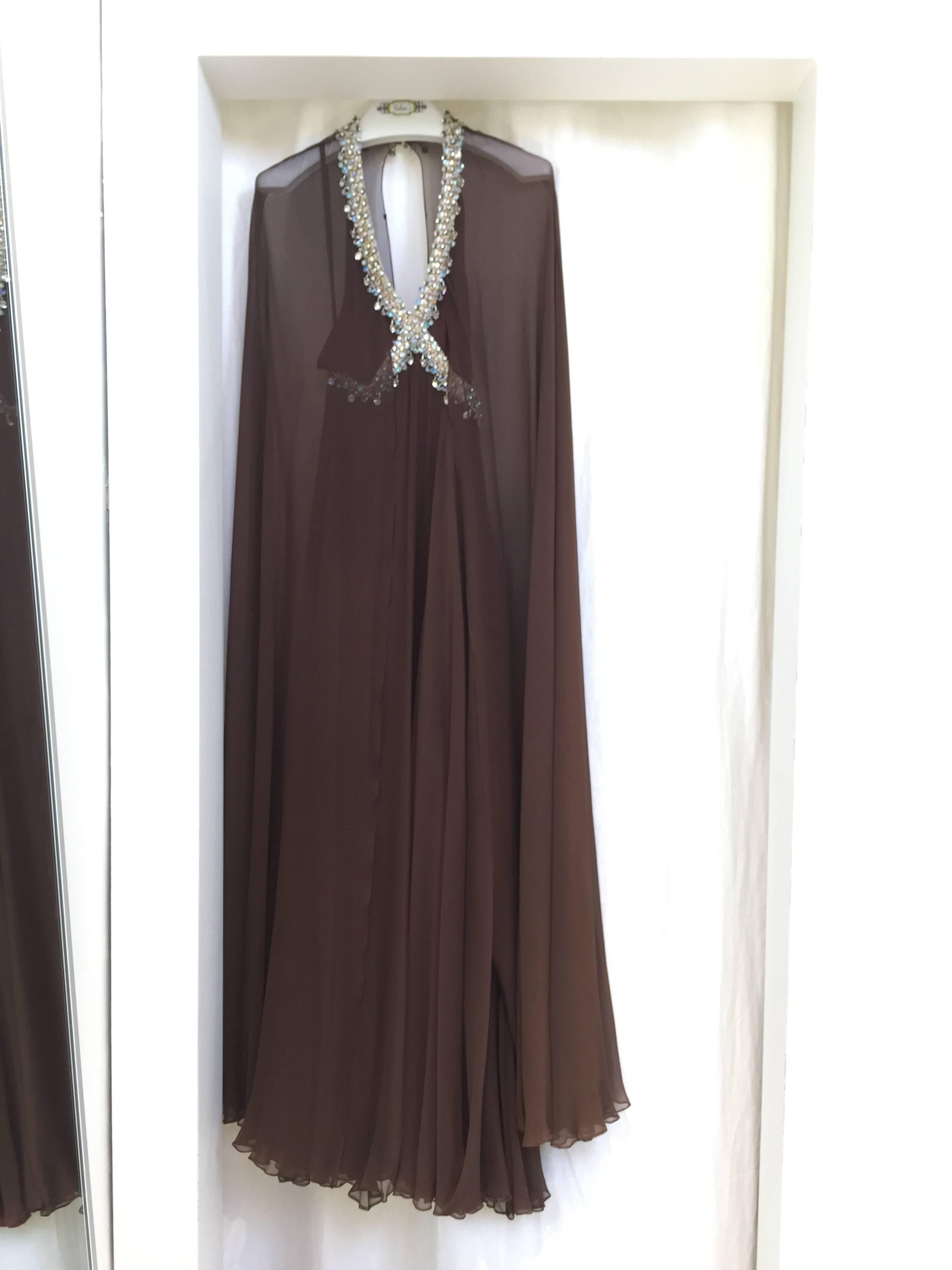 Vintage 1970s brown silk chiffon sheer cape gown with jeweled neckline In Good Condition In Beverly Hills, CA