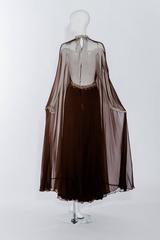 Vintage 1970s brown silk chiffon sheer cape gown with jeweled neckline