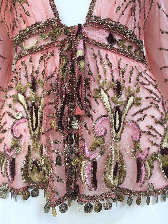 Brown Roberto Cavalli salmon pink silk mesh embroidered beaded cardigan For Sale