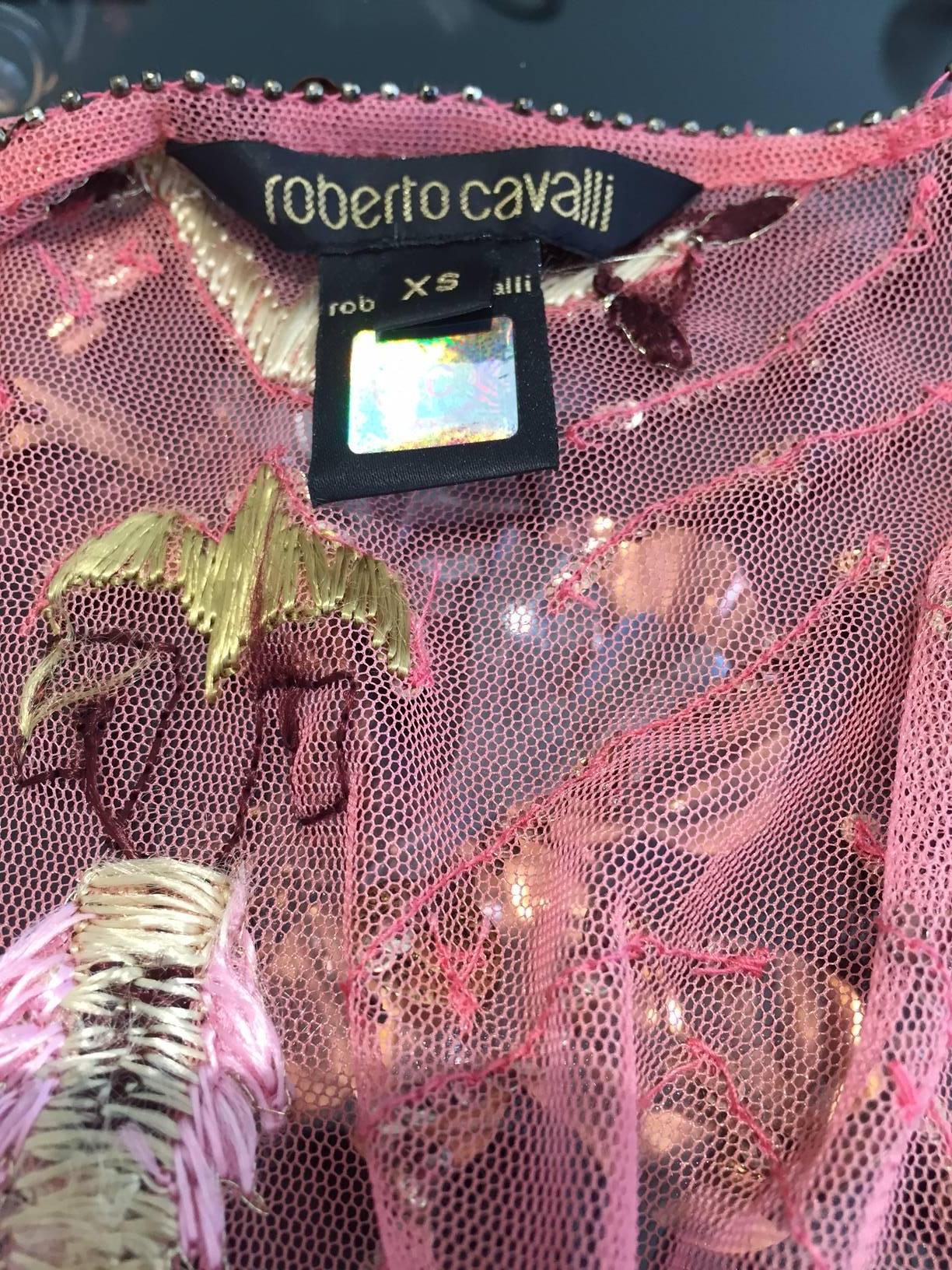Roberto Cavalli lachsrosa Strickjacke aus Seidennetz mit Perlenstickerei Damen im Angebot