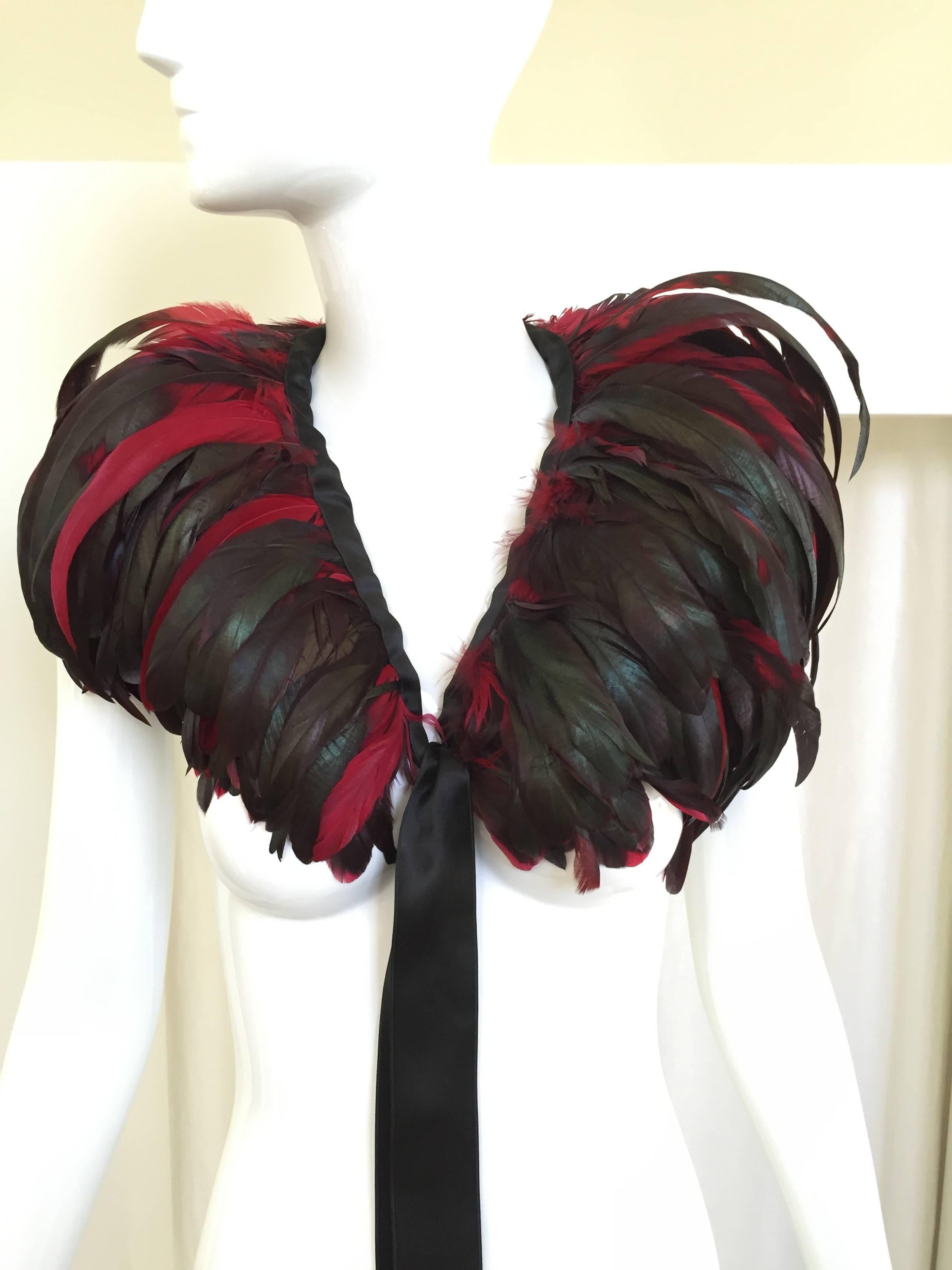 Saint Laurent red and green ostrich feather collar or shawl.
