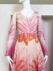 1970s Michael Novarese Pink and White Floral Print Silk Chiffon Dress
