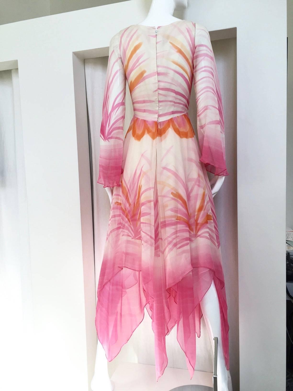 Women's 1970s Michael Novarese Pink and White Floral Print Silk Chiffon Dress For Sale