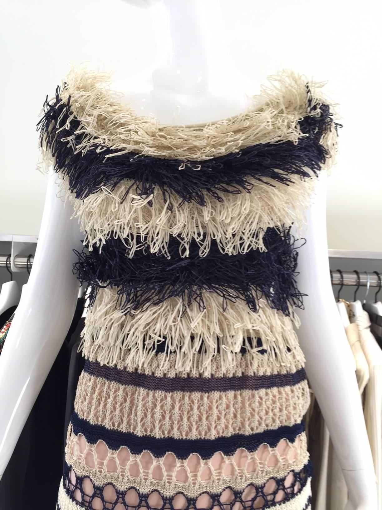 Jean Paul Gaultier blue and creme raffia knit crochet dress In Excellent Condition In Beverly Hills, CA