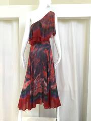 1970s orange and blue tie dye one shoulder silk dress