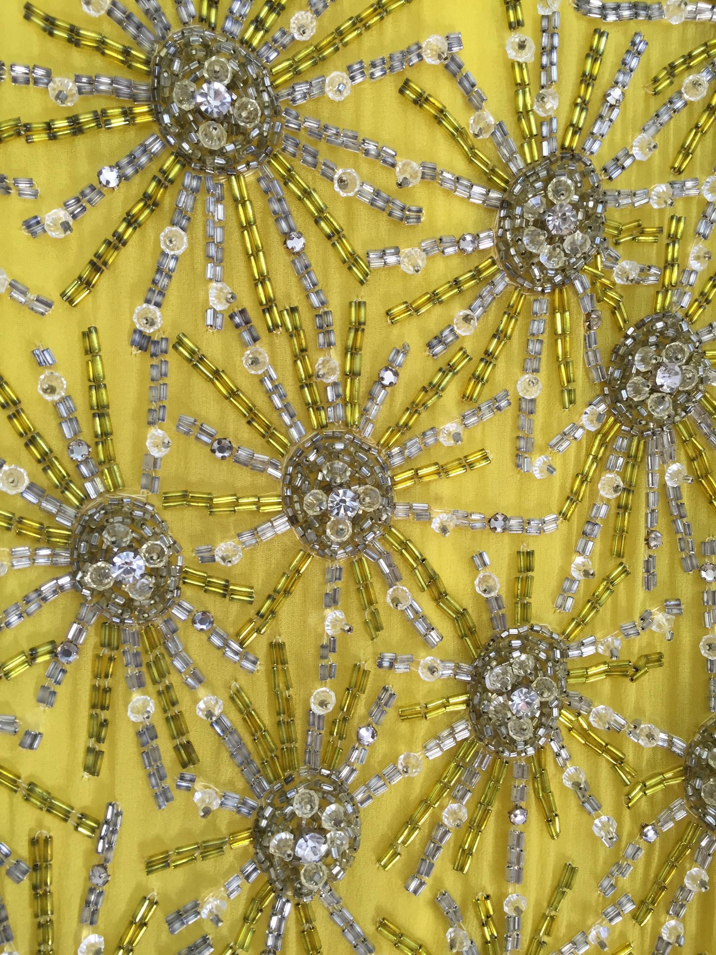 1960s Intricate yellow silk beaded gown In Excellent Condition In Beverly Hills, CA