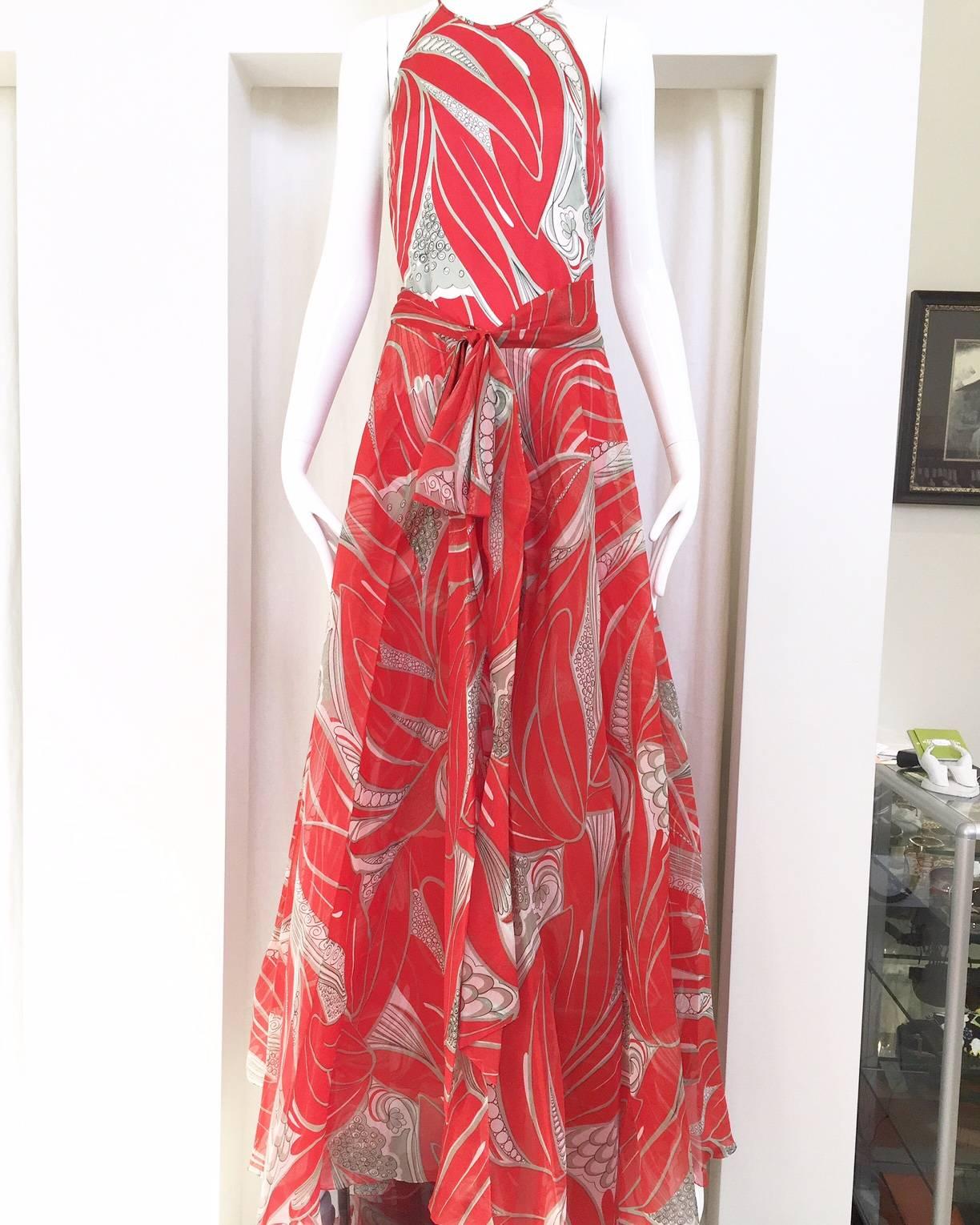 1970s Adele Simpson red and grey silk dress with cape In Excellent Condition In Beverly Hills, CA