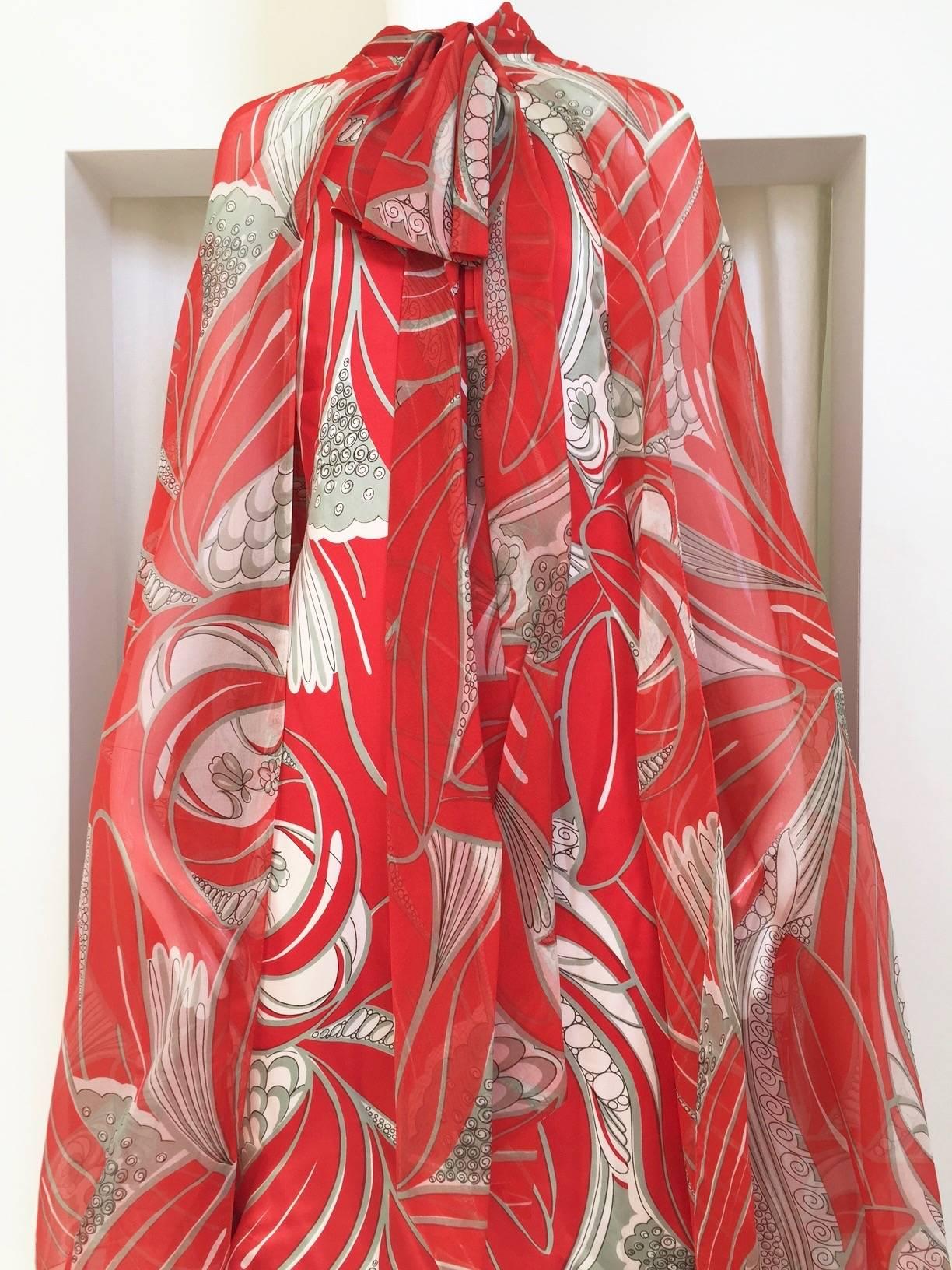1970s Adele Simpson red and grey silk dress with cape 1