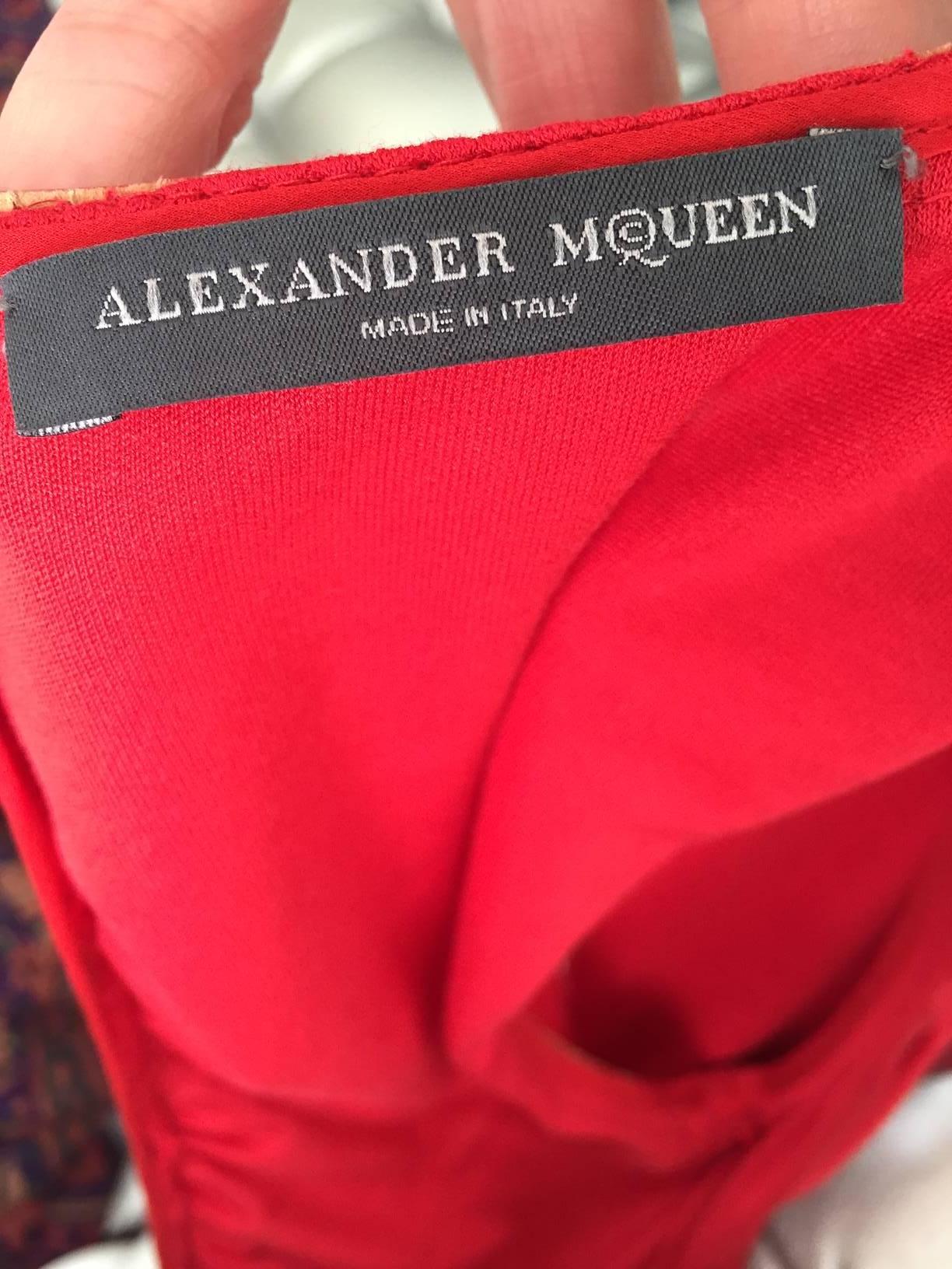 Red Sexy 2003 Alexander McQueen red jersey dress with leather trim