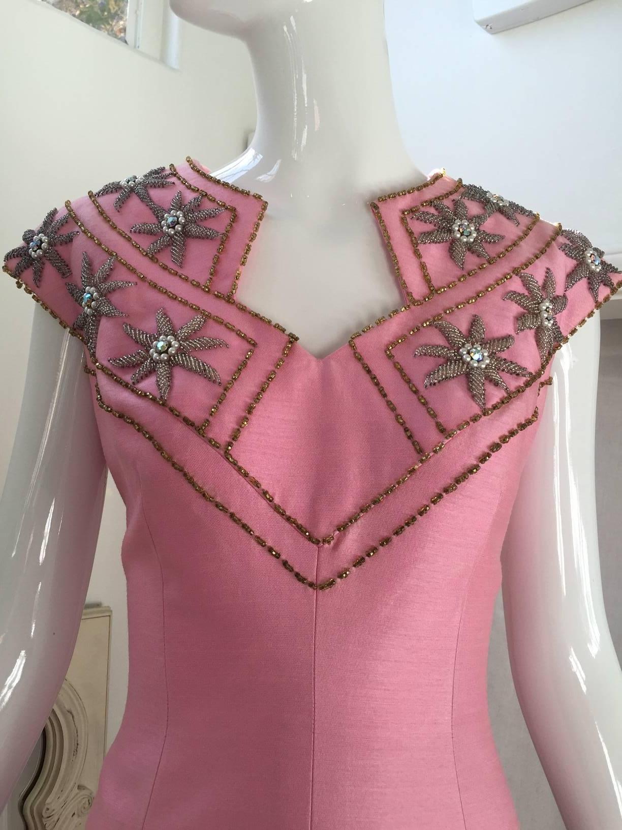 Brown 1960s Pink Silk  beaded gown