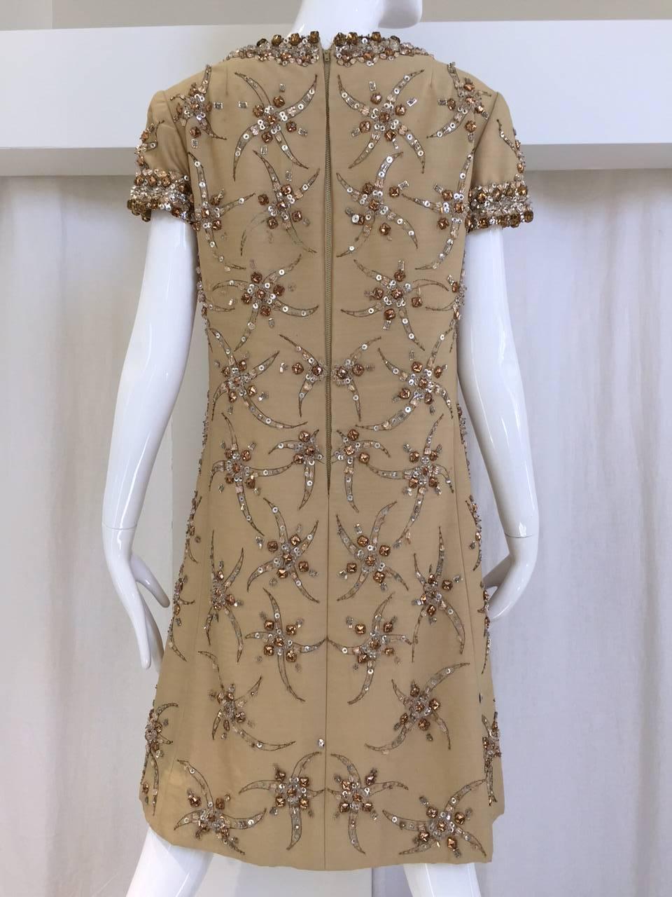 Beige 1960s Malcolm Starr coffee cream silk shantung dress with rhinestones