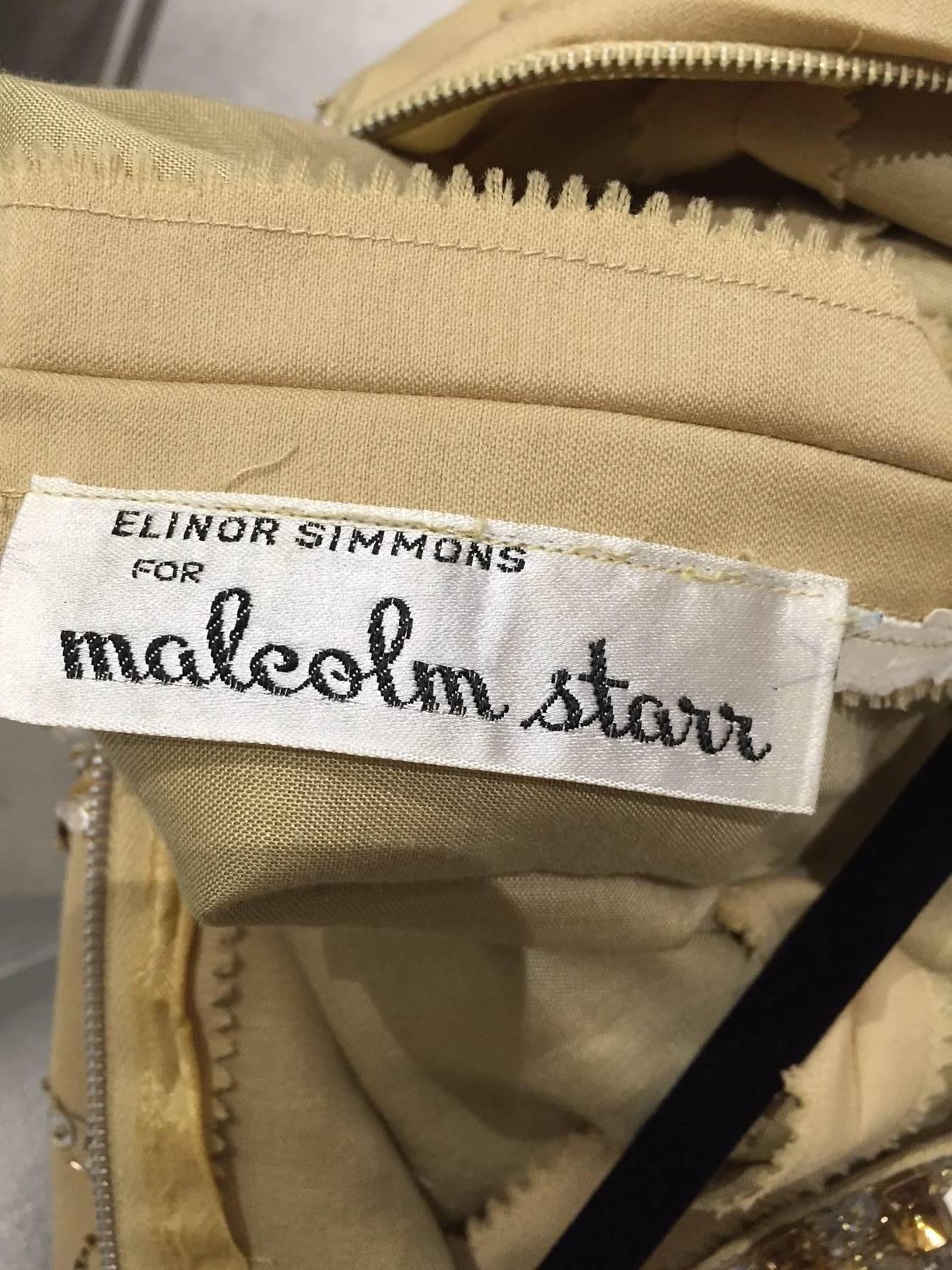 1960s Malcolm Starr coffee cream silk shantung dress with rhinestones 1