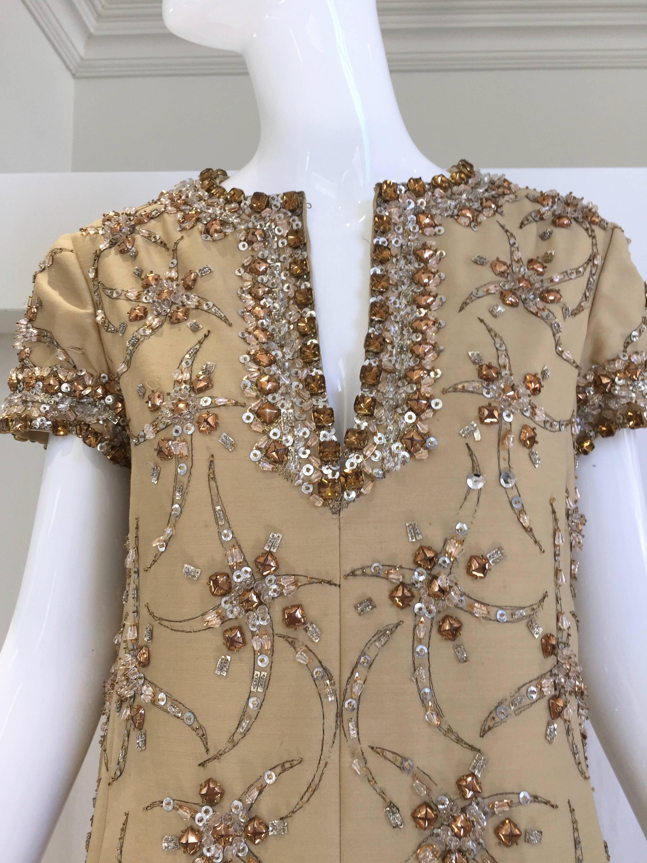 1960s Malcolm Starr coffee cream silk shantung dress with rhinestones 
Bust: 36/ Waist: 34