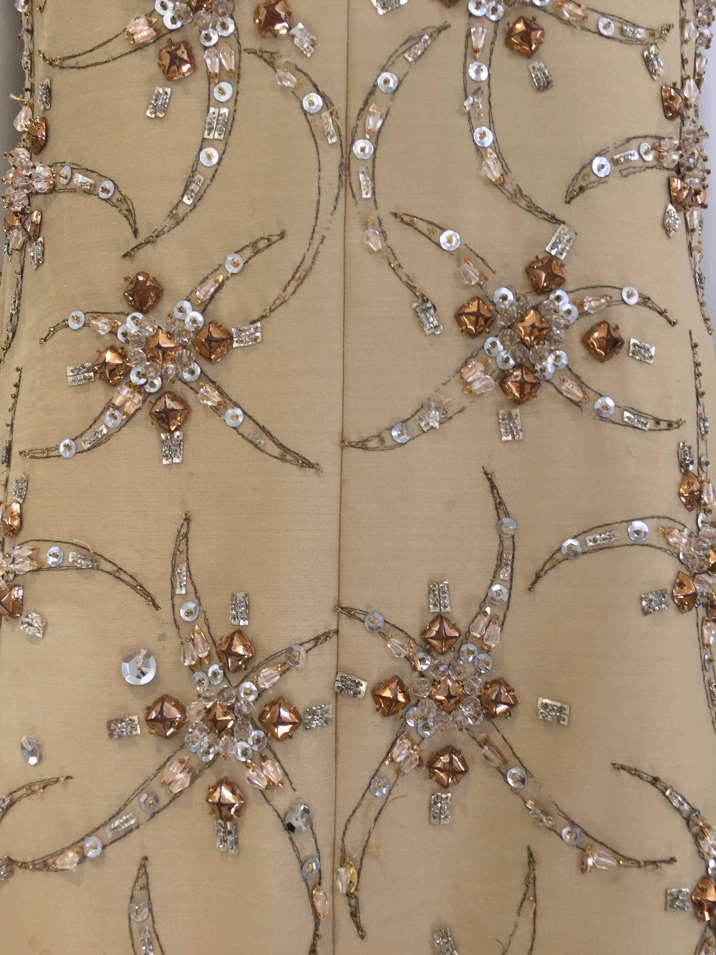 1960s Malcolm Starr coffee cream silk shantung dress with rhinestones In Good Condition In Beverly Hills, CA