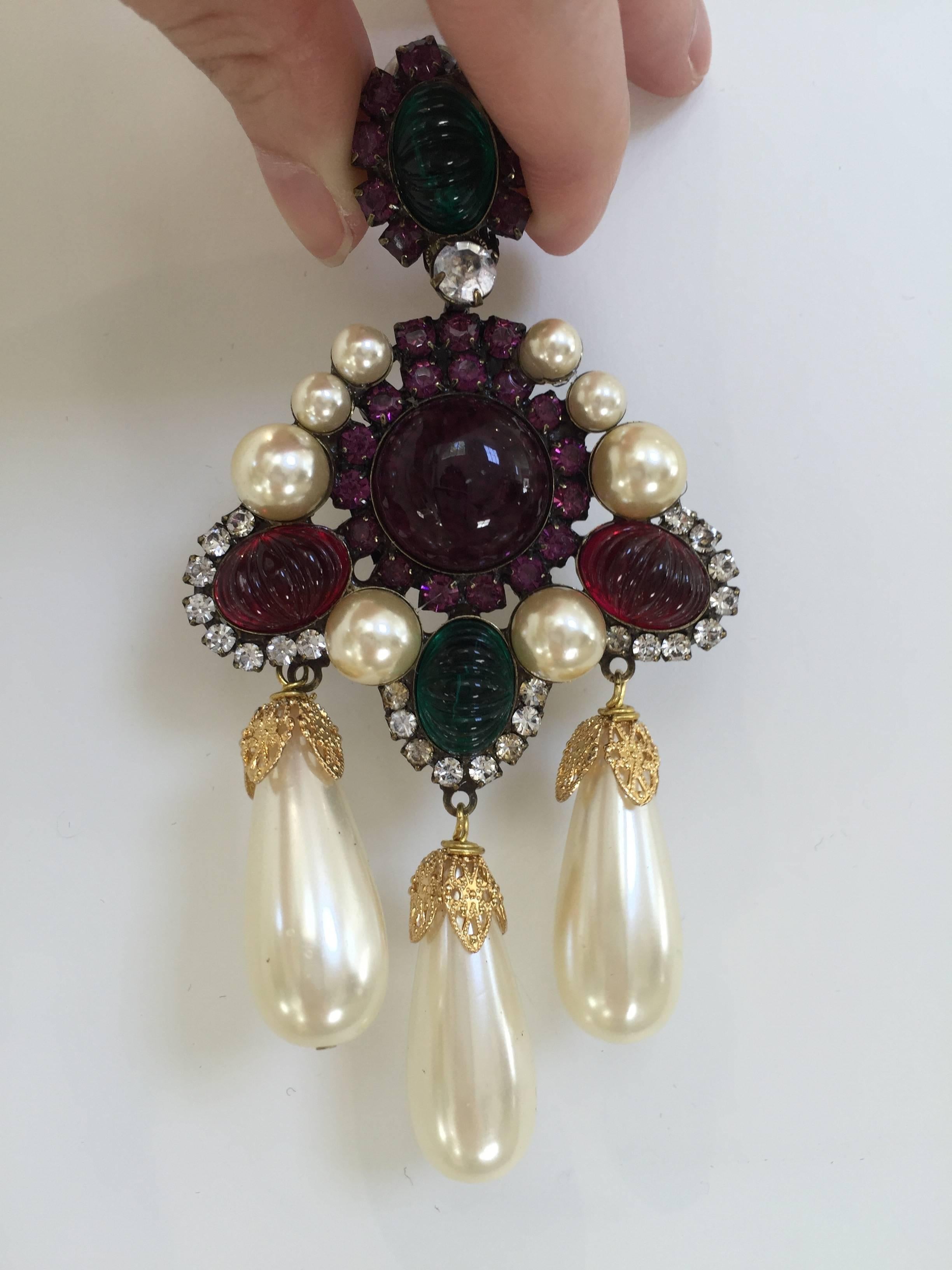 80s Larry Vrba faux pearl purple, red and green cabochon large chandelier clip earrings.
