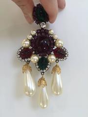 1980s Larry Vrba Faux Pearl Purple, Red and Green Cabochon Chandelier Earrings