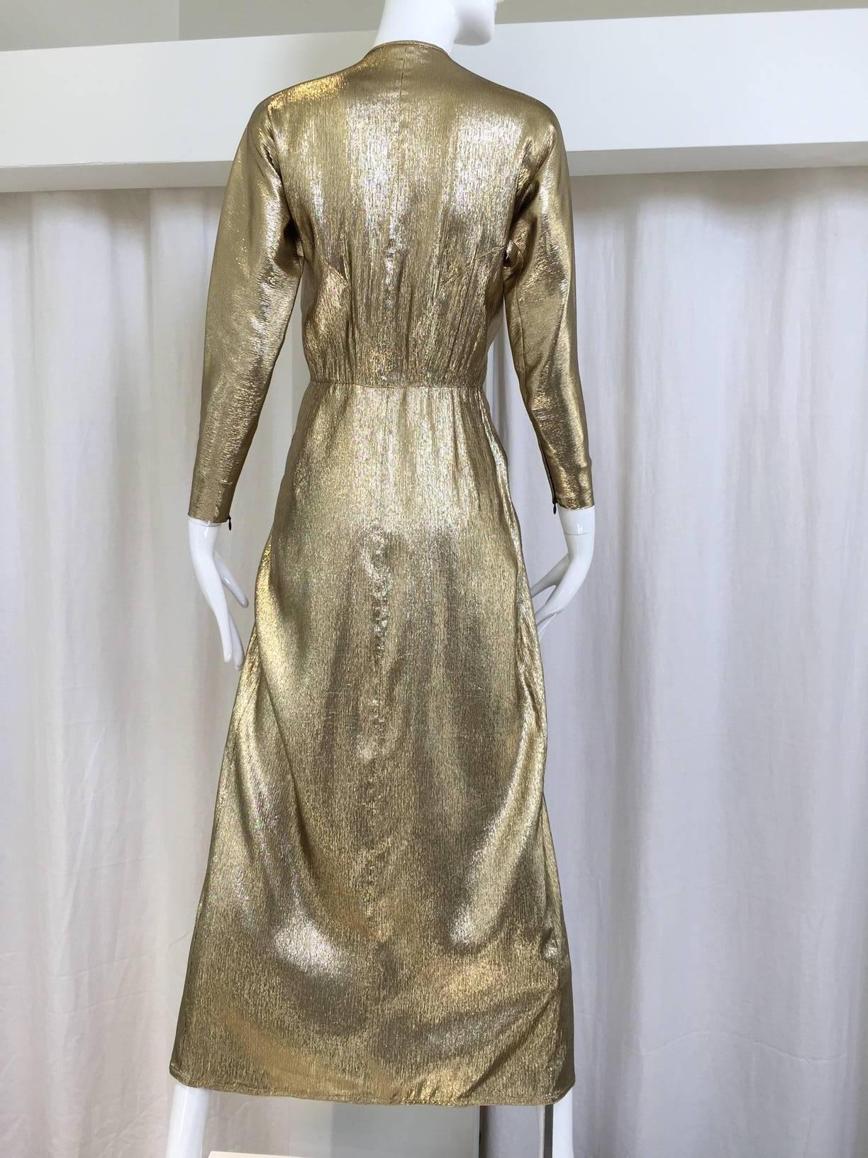 70s Geoffrey Beene silk lame gold dress with raglan sleeve.
Bust: 30