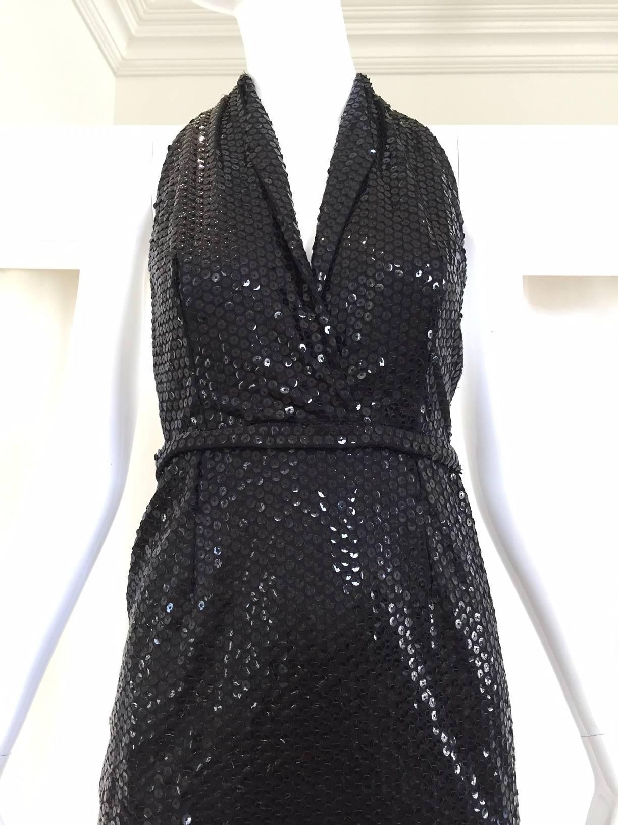 1970s Cyreld Paris Black sequin cocktail halter dress  In Good Condition For Sale In Beverly Hills, CA