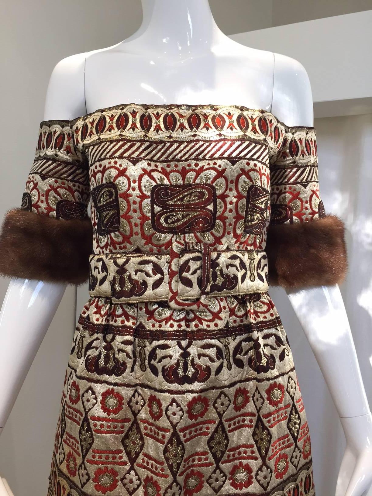 Brown Vintage 1970s Oscar De La Renta Off Shoulder  Brocade Dress with Sable Cuff