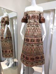 Vintage 1970s Oscar De La Renta Off Shoulder  Brocade Dress with Sable Cuff