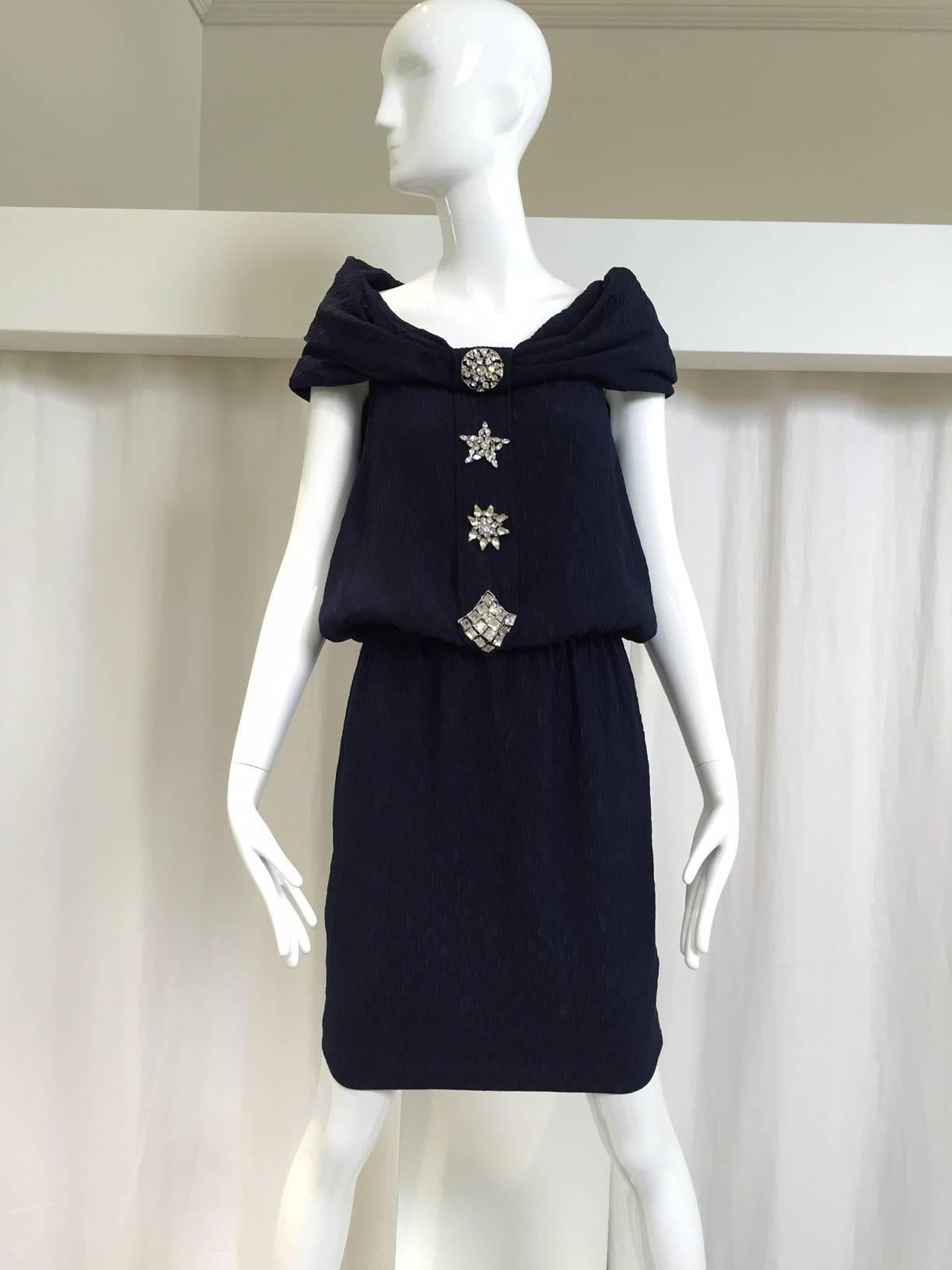 Vintage late 90s Christian Lacroix Navy blue silk matelasse off shoulder dress with rhinestones. Perfect for summer cocktail dress. 
Bust: 34