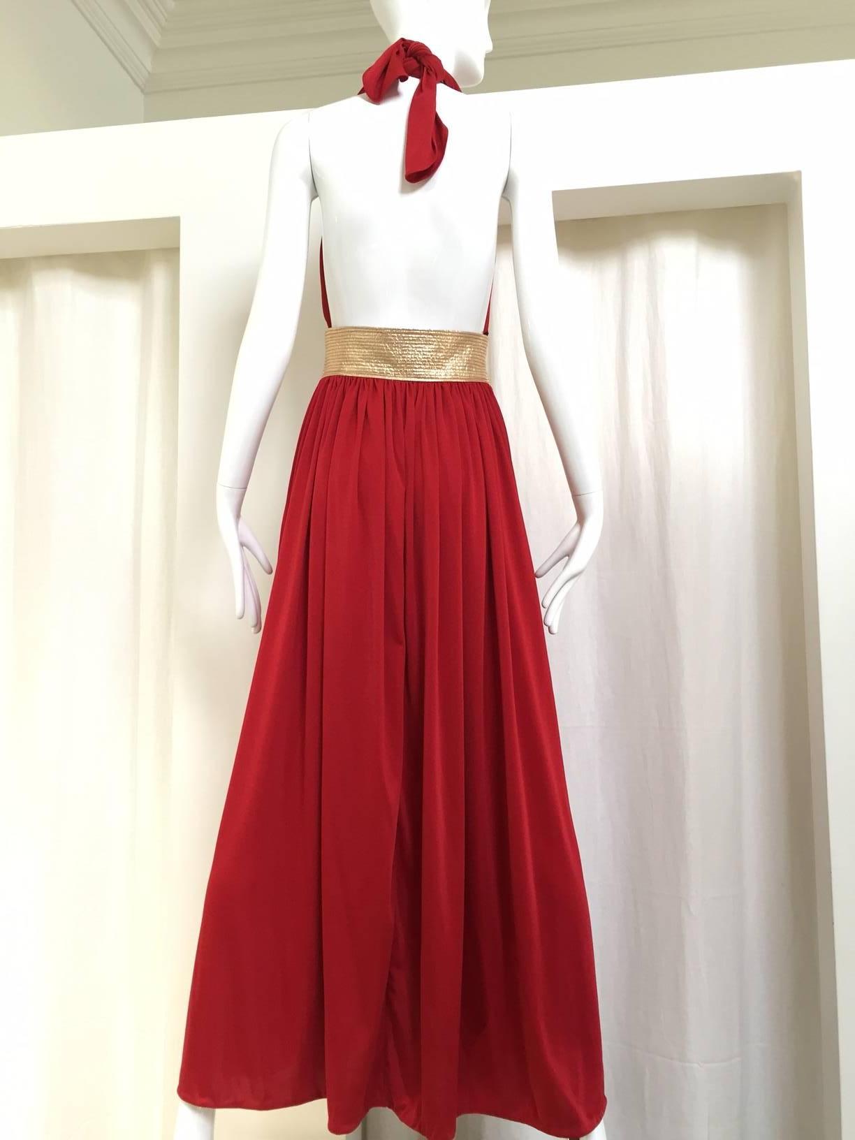 Red 1970s Bill Tice red and gold backless halter dress