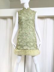 Vintage 1960s mint green silk ribbon embroidered mod mini dress with mink hem