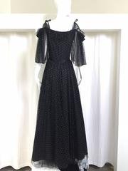 70s Frank Usher black lace and gold dots off shoulder maxi gown