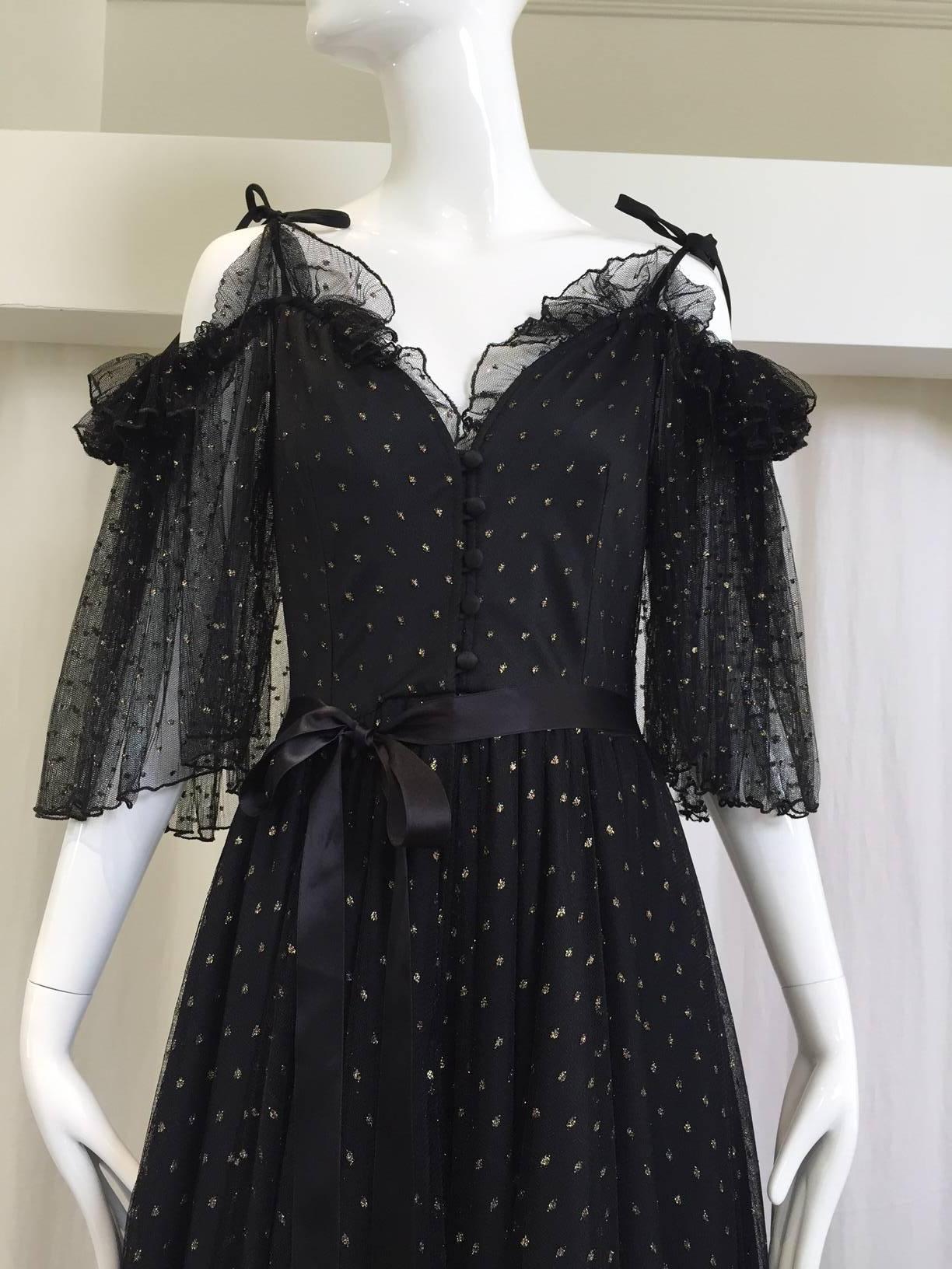Vintage 1970s Black Tulle Frank Usher Maxi Dress