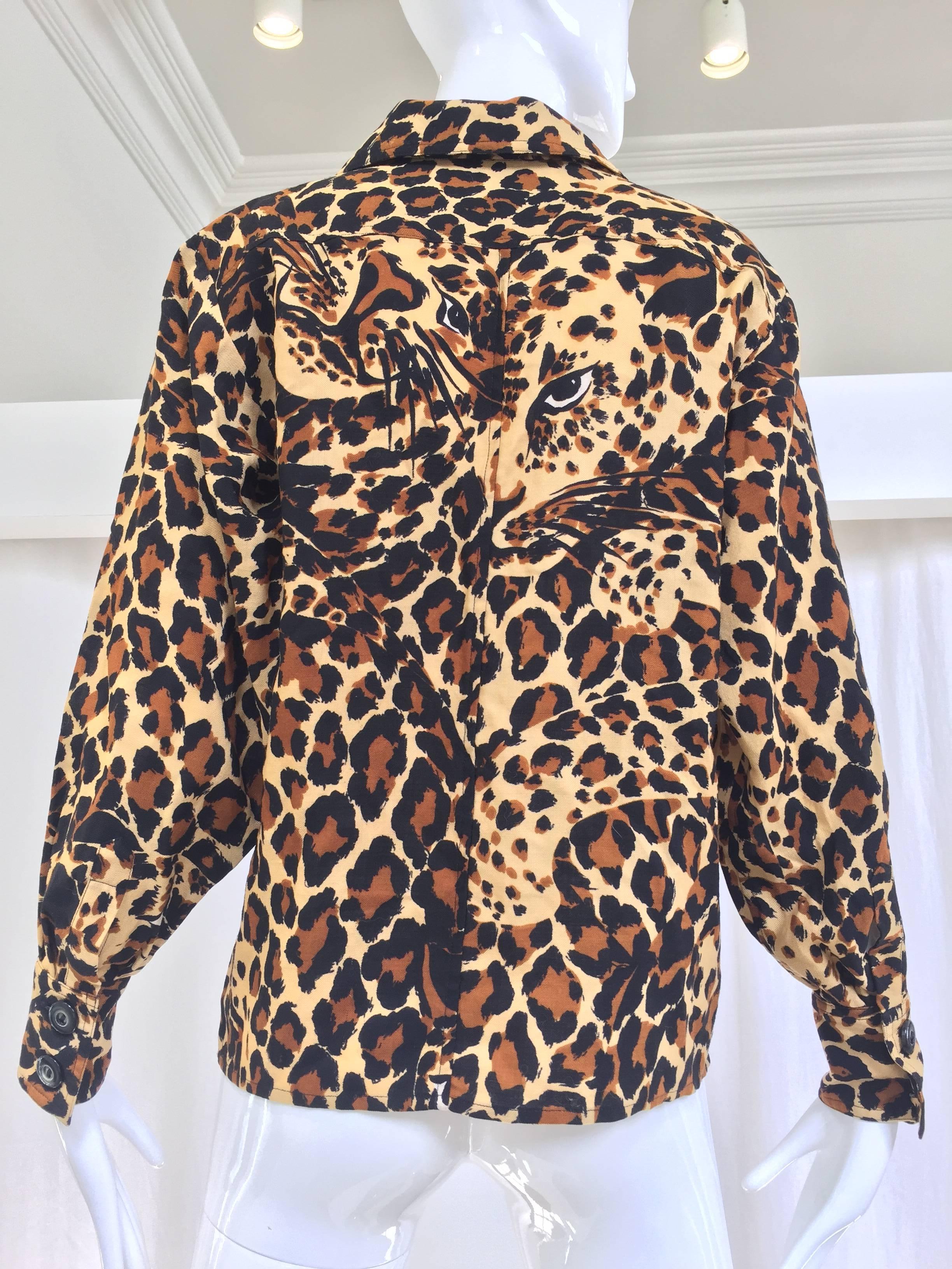 Black 70s Saint Laurent iconic leopard print wool blouse