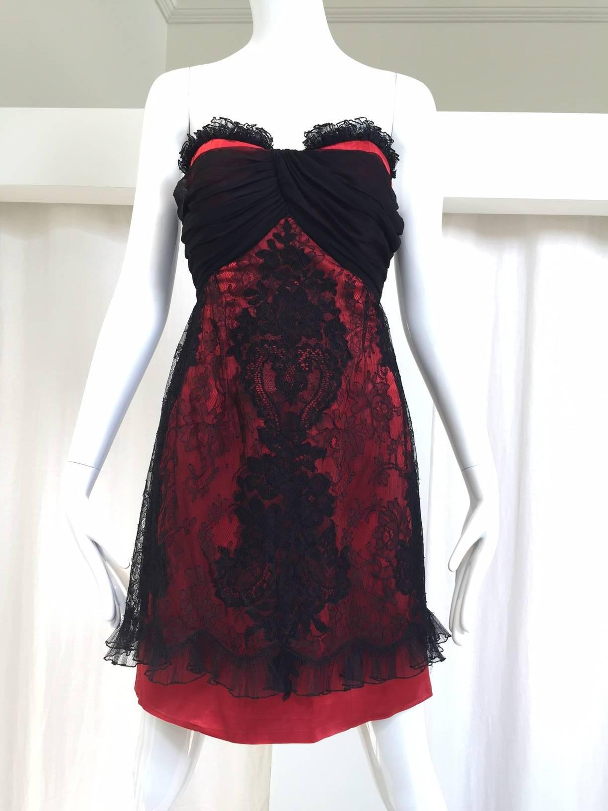 1990s Christian Lacroix red and black chantily lace strapless cocktail dress.
Size: XS
Bust: 32