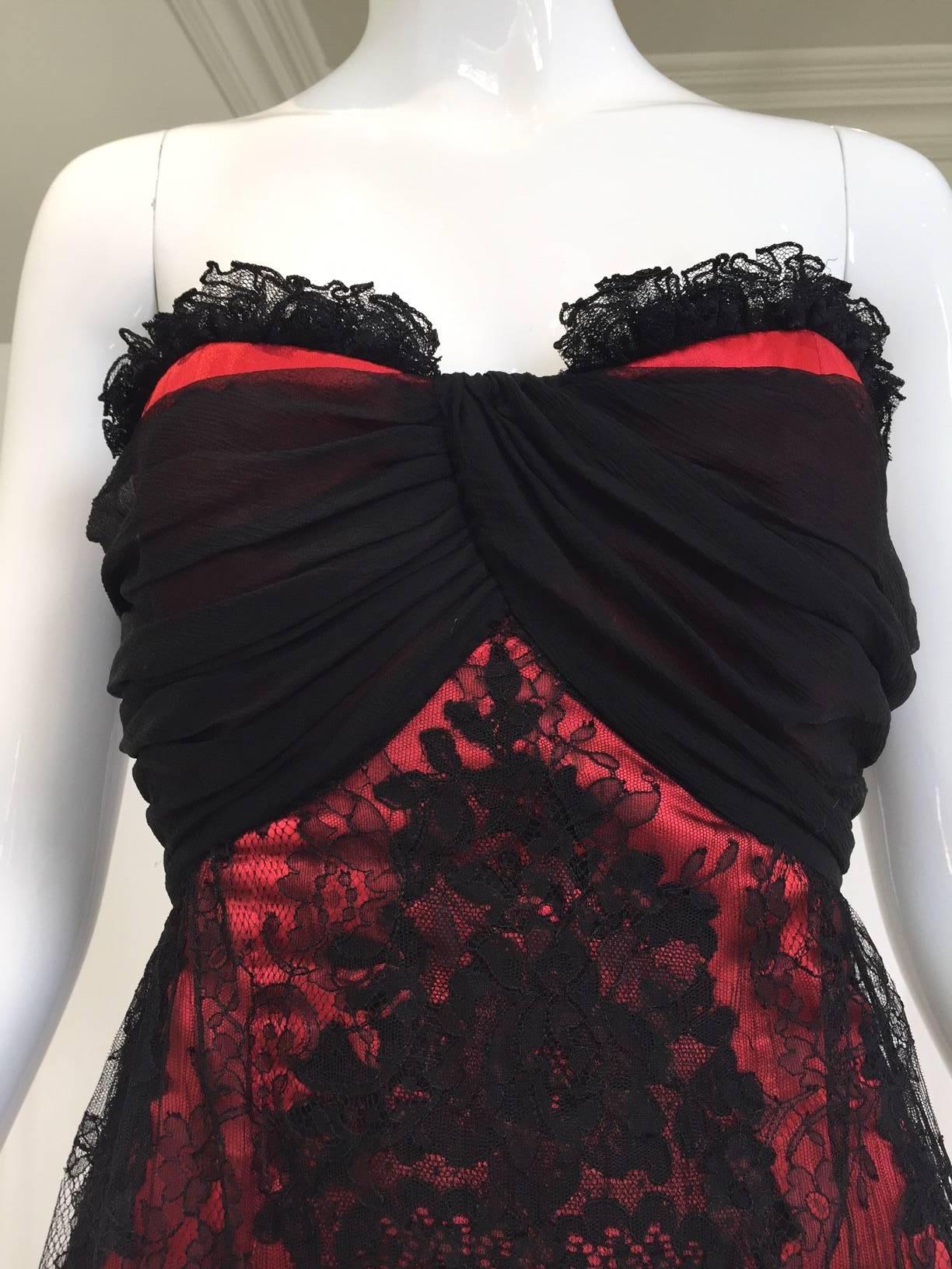 1990s Christian Lacroix Red and Black Strapless Cocktail Dress In Good Condition For Sale In Beverly Hills, CA