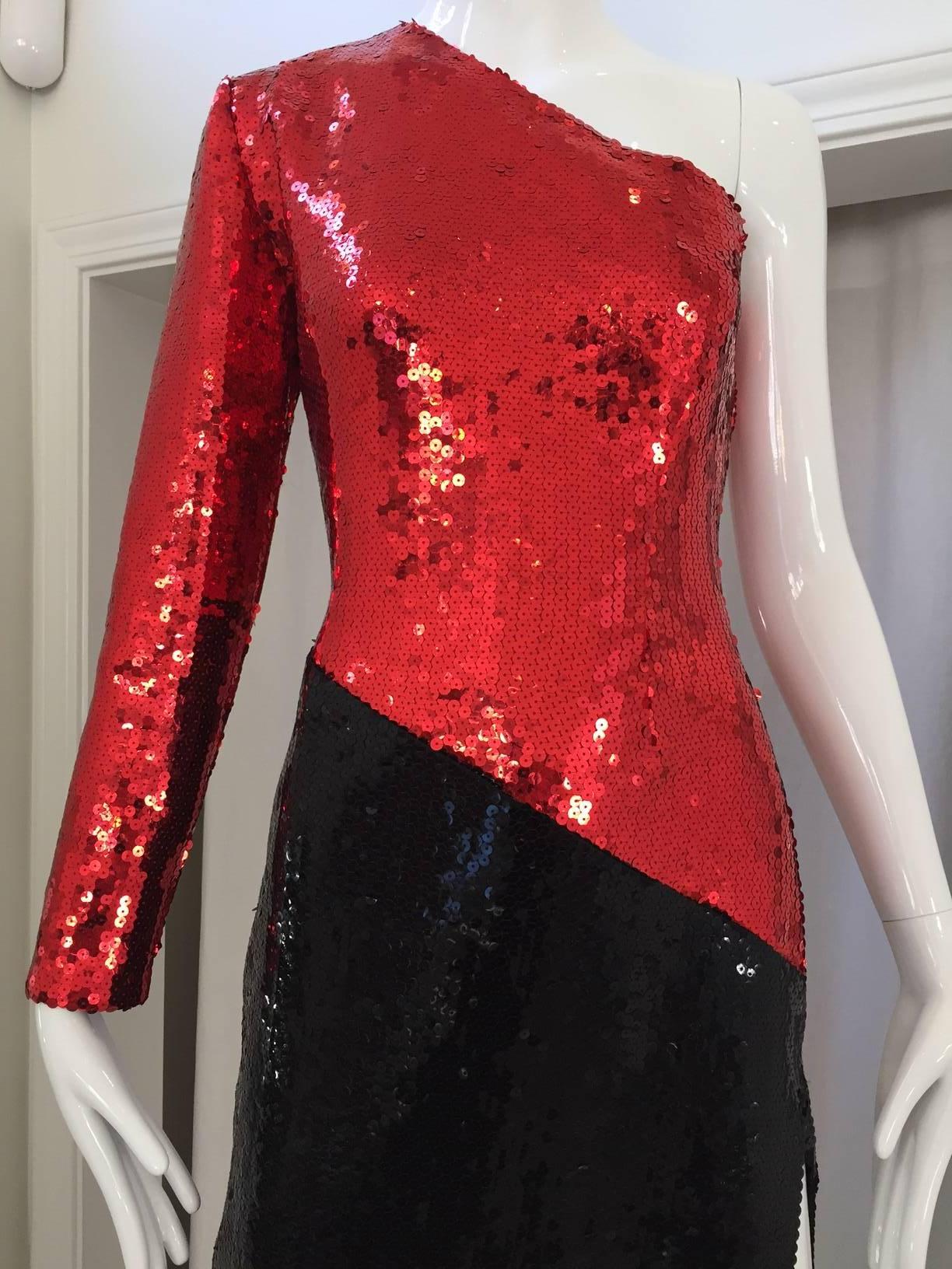 Vintage 1980s Bill Blass Red and Black One Shoulder Sequin Gown sequin one gown with slit on the side. Sexy and Fun Vintage cocktail dress.
B: 32-34
